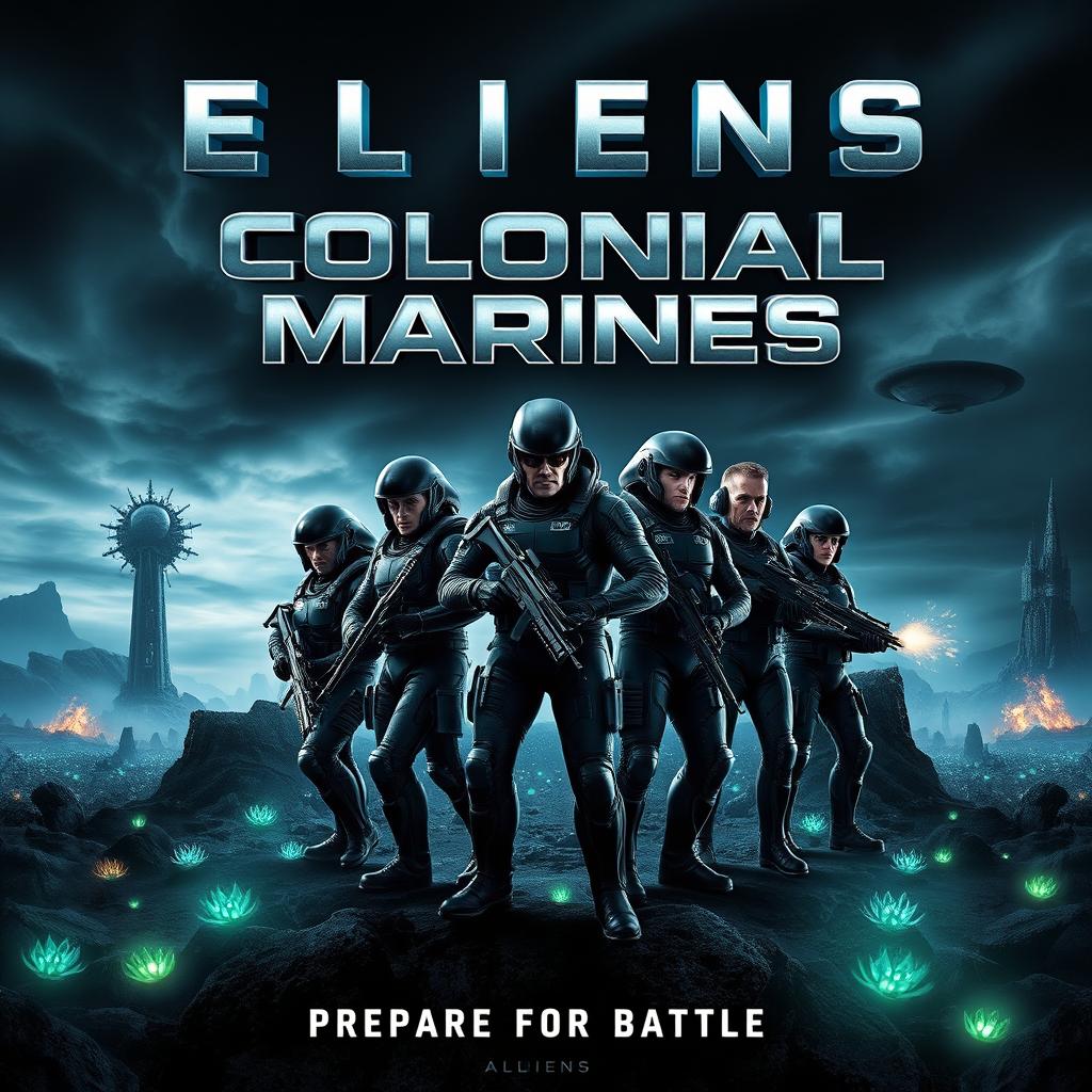 A dynamic film poster for a movie called 'Colonial Marines', featuring the iconic characters from the 'Aliens' movie, dressed in their signature futuristic military gear