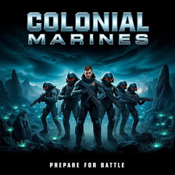 A dynamic film poster for a movie called 'Colonial Marines', featuring the iconic characters from the 'Aliens' movie, dressed in their signature futuristic military gear