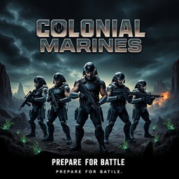 A dynamic film poster for a movie called 'Colonial Marines', featuring the iconic characters from the 'Aliens' movie, dressed in their signature futuristic military gear