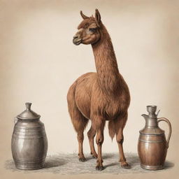 Detailed drawing of a brown llama brewing mate in traditional style.