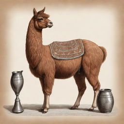 Detailed drawing of a brown llama brewing mate in traditional style.