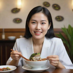 A Korean woman enjoying a meal of unique gourmet frog dish, expressing curiosity and delight