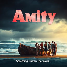 A captivating movie poster for a new series titled 'Amity' set against the backdrop of the infamous Amity Island from the movie Jaws