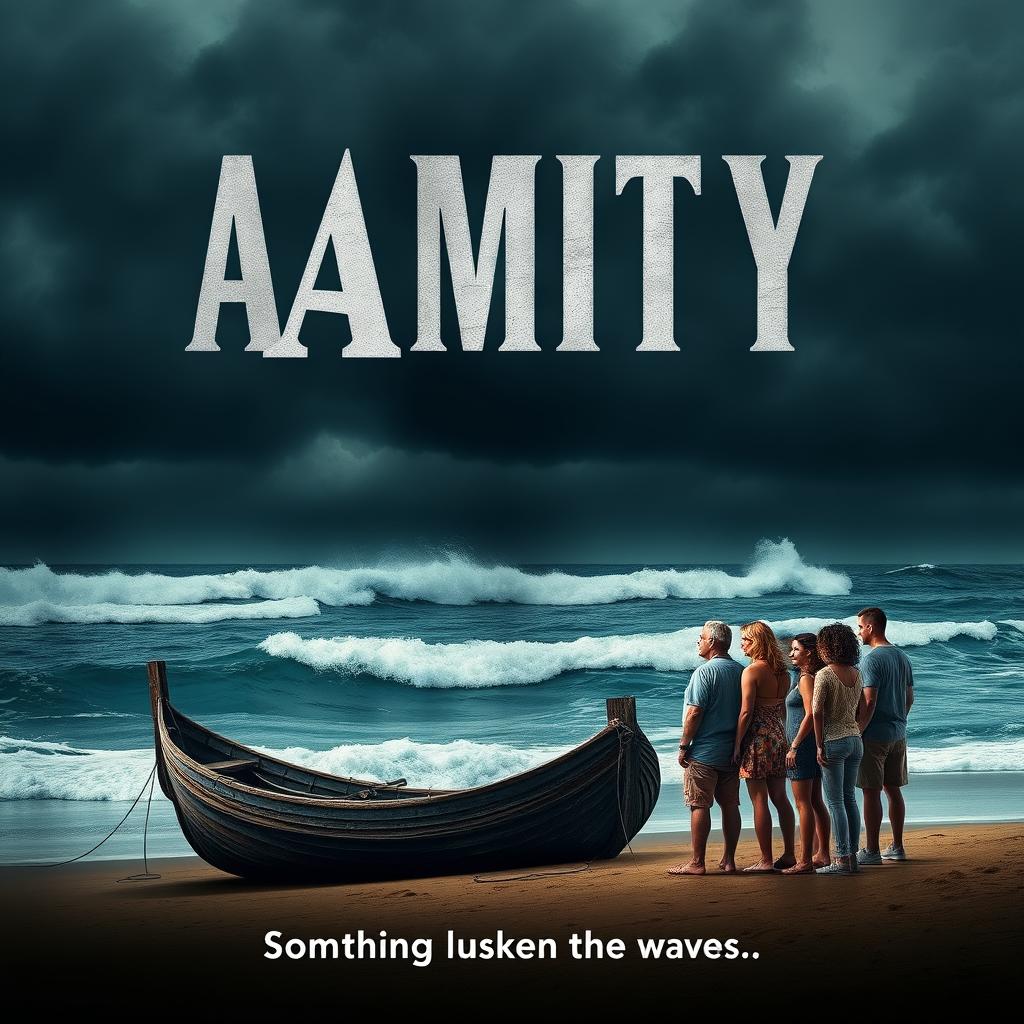 A captivating movie poster for a new series titled 'Amity' set against the backdrop of the infamous Amity Island from the movie Jaws