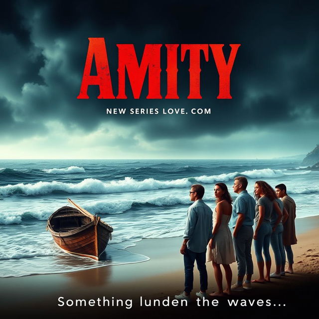 A captivating movie poster for a new series titled 'Amity' set against the backdrop of the infamous Amity Island from the movie Jaws