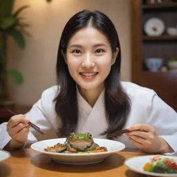 A Korean woman enjoying a meal of unique gourmet frog dish, expressing curiosity and delight