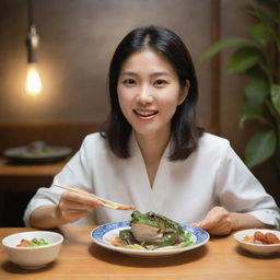 A Korean woman enjoying a meal of unique gourmet frog dish, expressing curiosity and delight