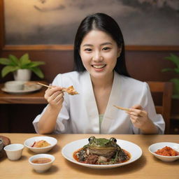 A Korean woman enjoying a meal of unique gourmet frog dish, expressing curiosity and delight