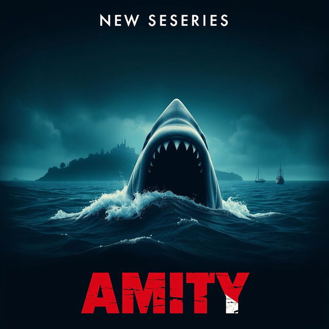 A dynamic movie poster for a new series titled 'Amity', featuring a dark and ominous ocean landscape reminiscent of the island from the classic movie Jaws