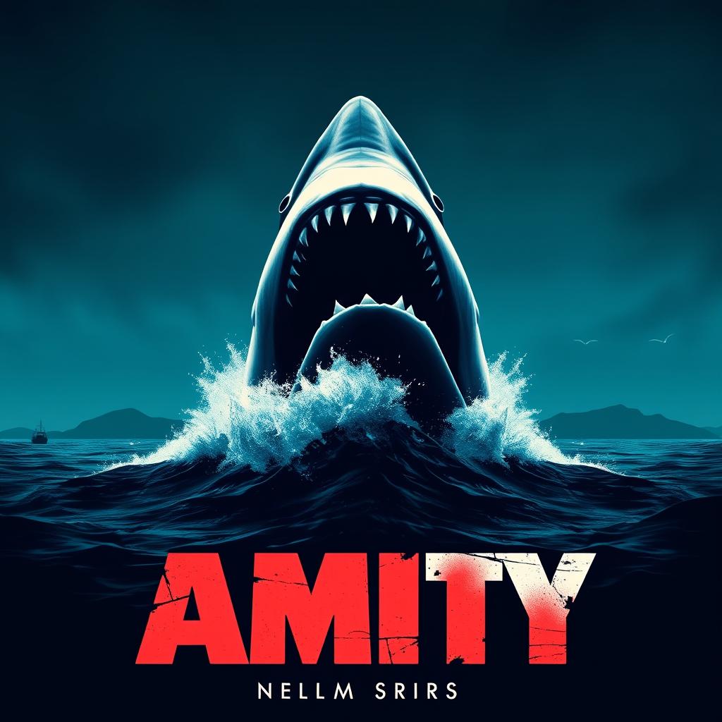 A dynamic movie poster for a new series titled 'Amity', featuring a dark and ominous ocean landscape reminiscent of the island from the classic movie Jaws