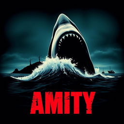 A dynamic movie poster for a new series titled 'Amity', featuring a dark and ominous ocean landscape reminiscent of the island from the classic movie Jaws
