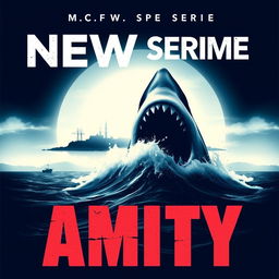 A dynamic movie poster for a new series titled 'Amity', featuring a dark and ominous ocean landscape reminiscent of the island from the classic movie Jaws