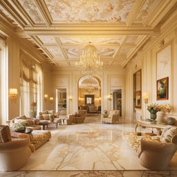 An expansive view of an extra-large, exquisite interior of a luxurious home, marked by grandeur and elegant furnishings.