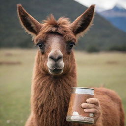 A brown llama holding a traditional Argentine mate cup with a serene expression on its face.