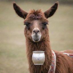 A brown llama holding a traditional Argentine mate cup with a serene expression on its face.