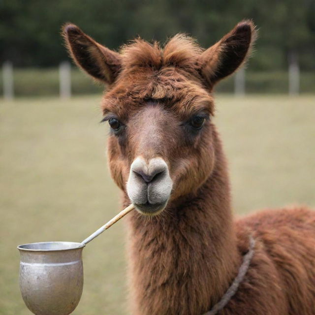 A brown llama holding a traditional Argentine mate cup with a serene expression on its face.