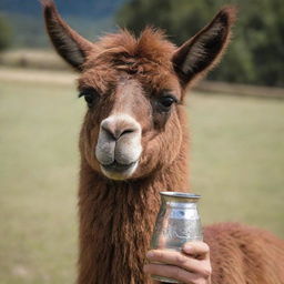 A brown llama holding a traditional Argentine mate cup with a serene expression on its face.