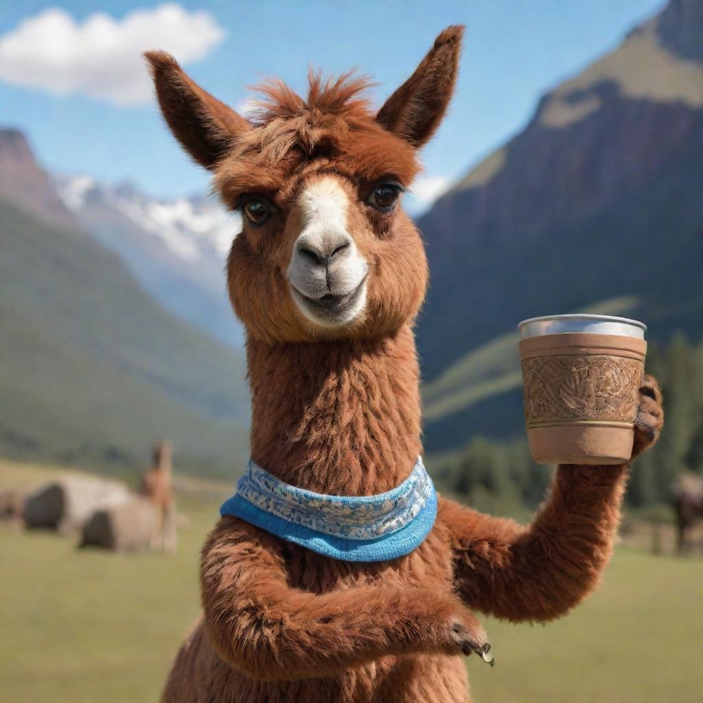 An animated brown llama, detailed with engaging character expression, holding a traditional Argentine mate cup.