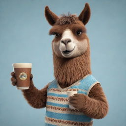 An animated brown llama, detailed with engaging character expression, holding a traditional Argentine mate cup.