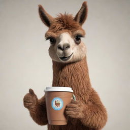 An animated brown llama, detailed with engaging character expression, holding a traditional Argentine mate cup.