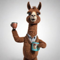 An animated brown llama, detailed with engaging character expression, holding a traditional Argentine mate cup.