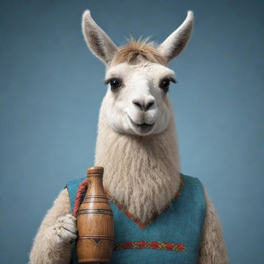 Animated image of a charming llama holding a traditional Argentine mate with detail focusing on its character expressions.