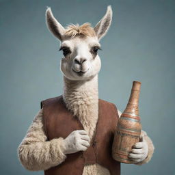 Animated image of a charming llama holding a traditional Argentine mate with detail focusing on its character expressions.