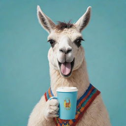 Cartoon style image of a lively llama holding an Argentinian mate cup with a delightfully fun expression.