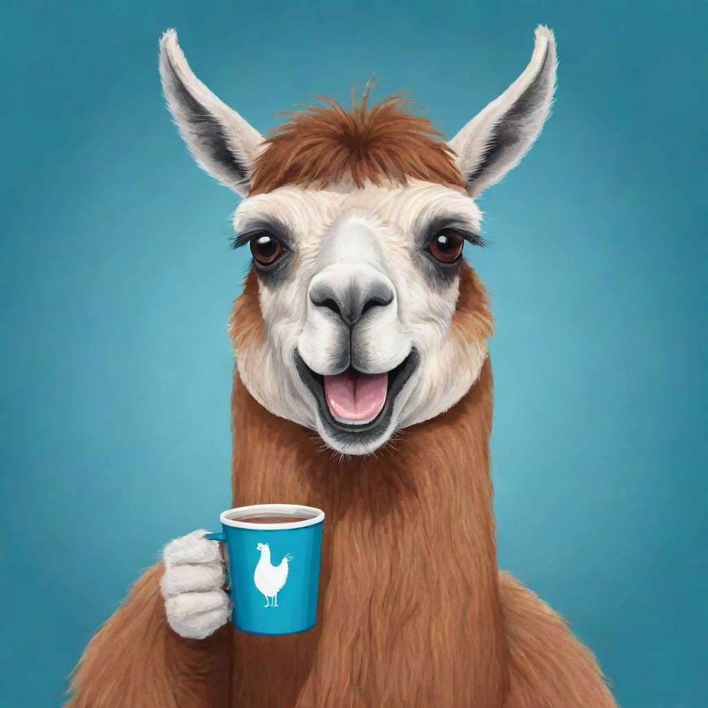 Cartoon style image of a lively llama holding an Argentinian mate cup with a delightfully fun expression.