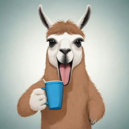 Cartoon style image of a lively llama holding an Argentinian mate cup with a delightfully fun expression.