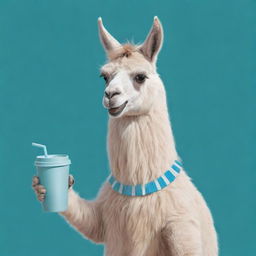 Cartoon style image of a lively llama holding an Argentinian mate cup with a delightfully fun expression.