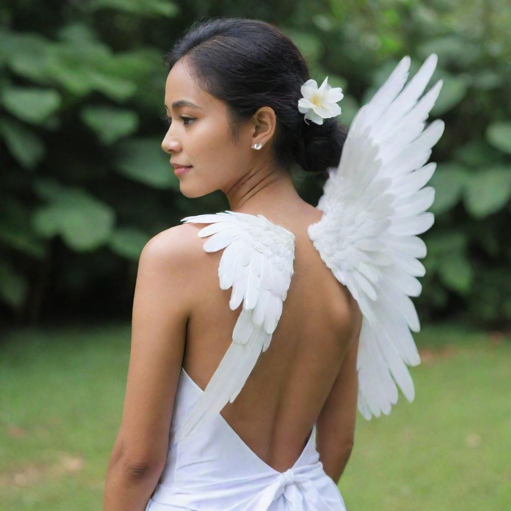 A beautiful Indonesian woman with white wings on her back.