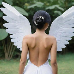 A beautiful Indonesian woman with white wings on her back.