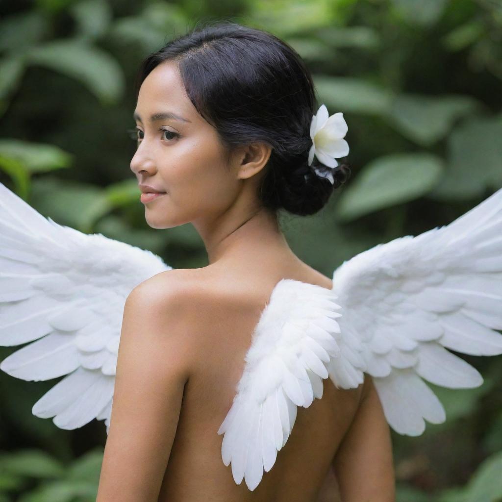 A beautiful Indonesian woman with white wings on her back.