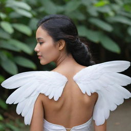 A beautiful Indonesian woman with white wings on her back.