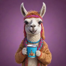 Cartoon image of a fun and vibrant llama holding a traditional mate cup from Argentina, its face expressing joy.