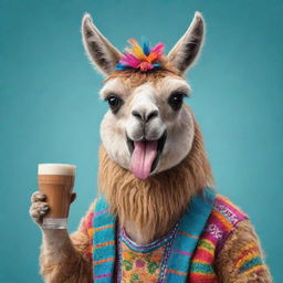 Cartoon image of a fun and vibrant llama holding a traditional mate cup from Argentina, its face expressing joy.