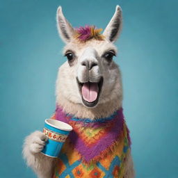 Cartoon image of a fun and vibrant llama holding a traditional mate cup from Argentina, its face expressing joy.