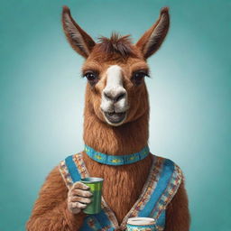 Cartoon image of a fun and vibrant llama holding a traditional mate cup from Argentina, its face expressing joy.