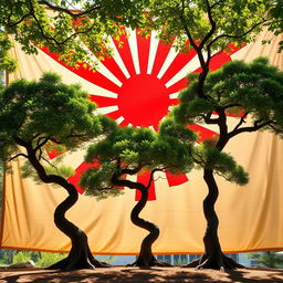 Three Bonzi trees, known for their distinct, twisting shapes and lush green leaves, standing prominently in front of a large, vintage Japanese war flag displaying the iconic red sun with rays extending outward