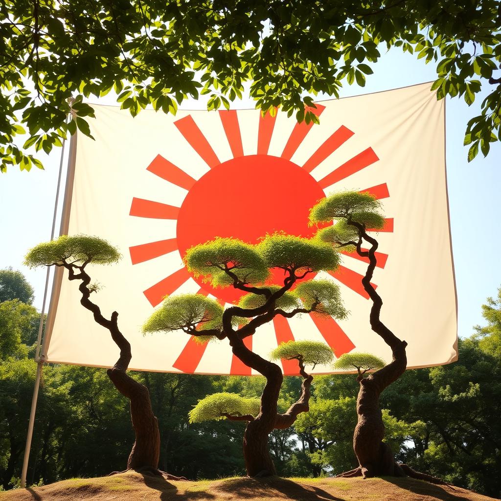 Three Bonzi trees, known for their distinct, twisting shapes and lush green leaves, standing prominently in front of a large, vintage Japanese war flag displaying the iconic red sun with rays extending outward