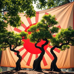 Three Bonzi trees, known for their distinct, twisting shapes and lush green leaves, standing prominently in front of a large, vintage Japanese war flag displaying the iconic red sun with rays extending outward