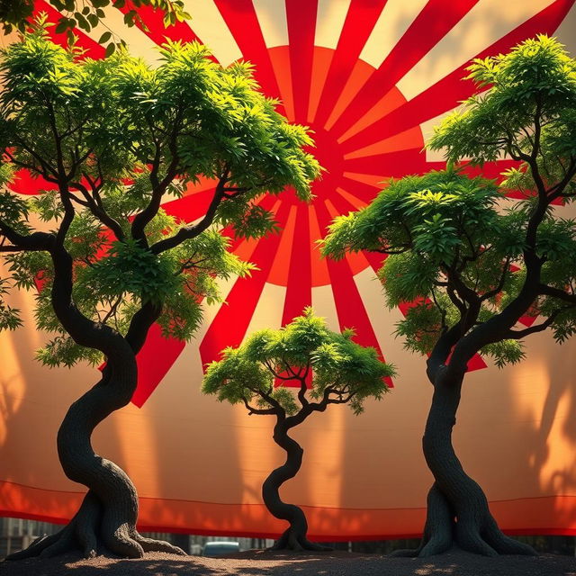 Three Bonzi trees, known for their distinct, twisting shapes and lush green leaves, standing prominently in front of a large, vintage Japanese war flag displaying the iconic red sun with rays extending outward