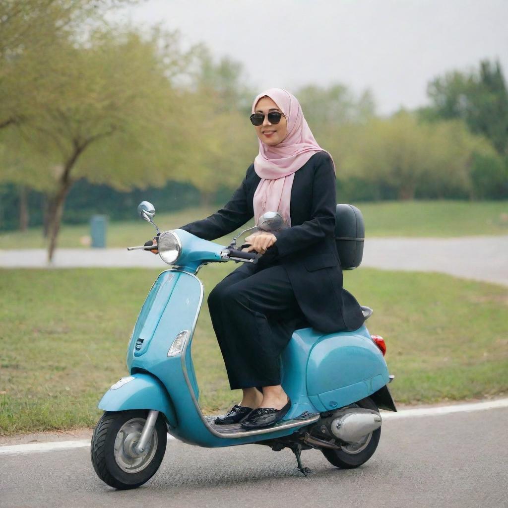 A woman in hijab riding a scooter.