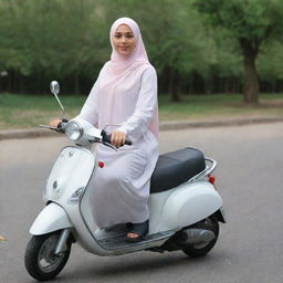 A woman in hijab riding a scooter.