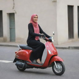 A woman in hijab riding a scooter.