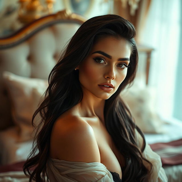 A stunning portrait of a beautiful woman with long dark hair and captivating features, akin to a glamorous actress