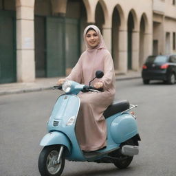 A woman in hijab riding a scooter.