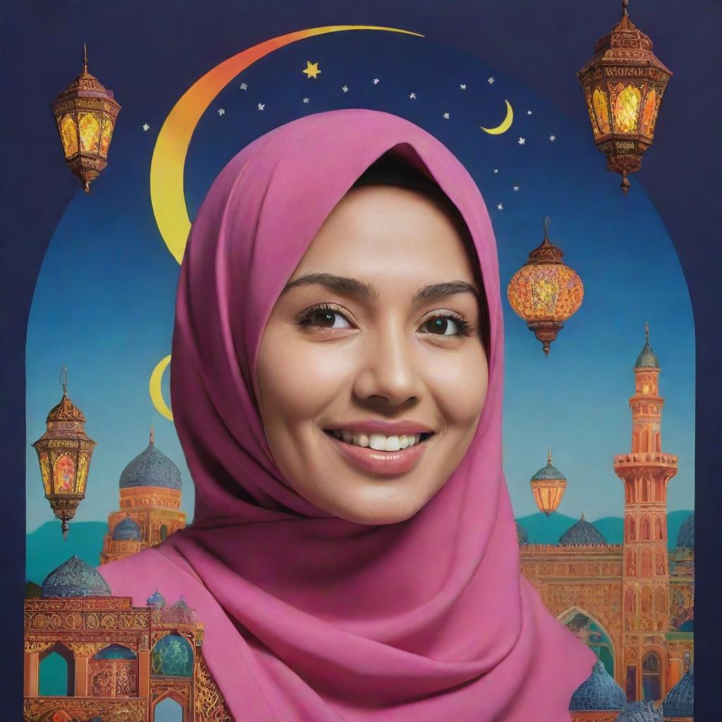 A hyper-realistic portrait of a friendly and beautiful Indonesian woman in hijab, in front of a colorful papercut illustration of Ramadan featuring a mosque, lanterns, and a crescent moon, with the clearly legible phrase 'MARHABAN YA RAMADHAN' in Indonesian