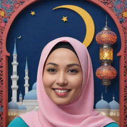 A hyper-realistic portrait of a friendly and beautiful Indonesian woman in hijab, in front of a colorful papercut illustration of Ramadan featuring a mosque, lanterns, and a crescent moon, with the clearly legible phrase 'MARHABAN YA RAMADHAN' in Indonesian